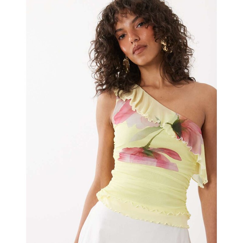 Miss Selfridge one shoulder top with frill neckline in flower print 115735109