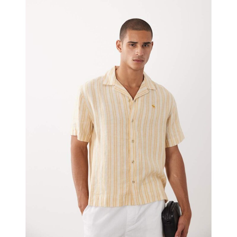 Abercrombie & Fitch icon logo 100% linen short sleeve shirt in yellow 115735113