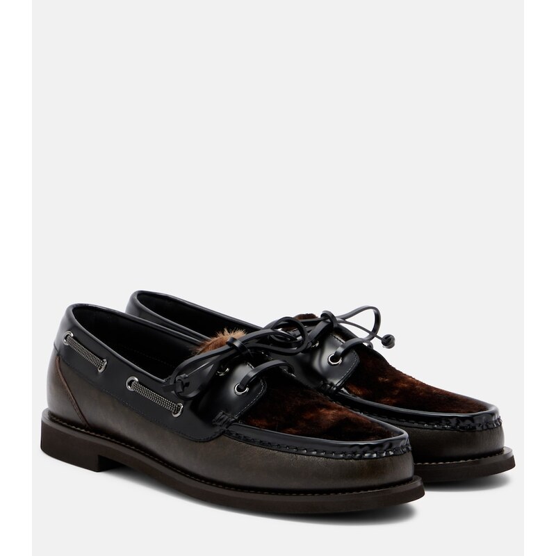 Brunello Cucinelli Monili calf hair-trimmed leather boat shoes