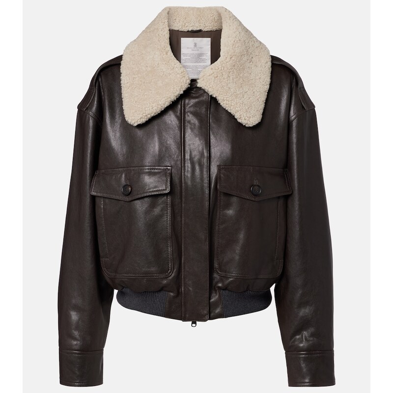 Brunello Cucinelli Shearling-trimmed leather bomber jacket