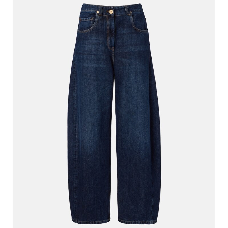 Brunello Cucinelli Leather-trimmed barrel-leg jeans