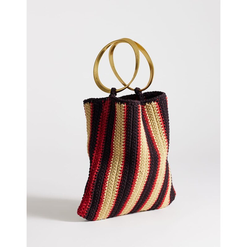 Topshop Carlie metal handle stripe crochet bag in chocolate