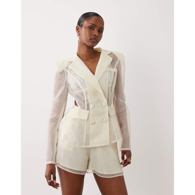ASOS LUXE co-ord sheer cinched blazer top in white