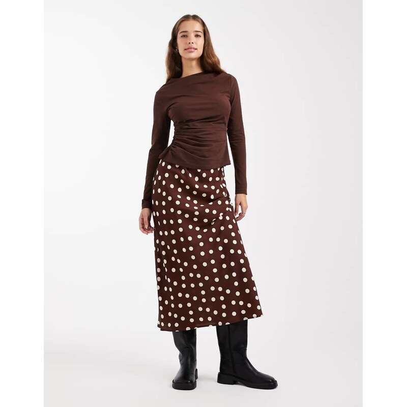 Wednesdays Girl a-line polka dot midi skirt in brown 115733431
