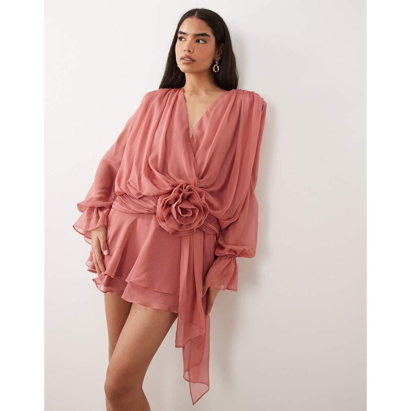 ASOS LUXE V neck skater dress with corsage waist detail in dusky rose 115740646