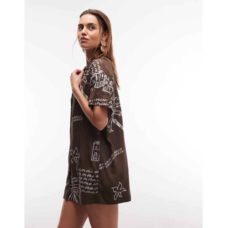 ASOS DESIGN bowling shirt dress in chocolate conversational print 115740669