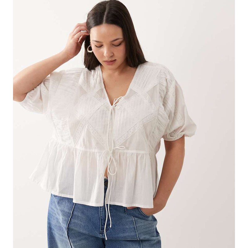 ASOS Curve ASOS DESIGN Curve tie front pleat and lace insert top in 115740671
