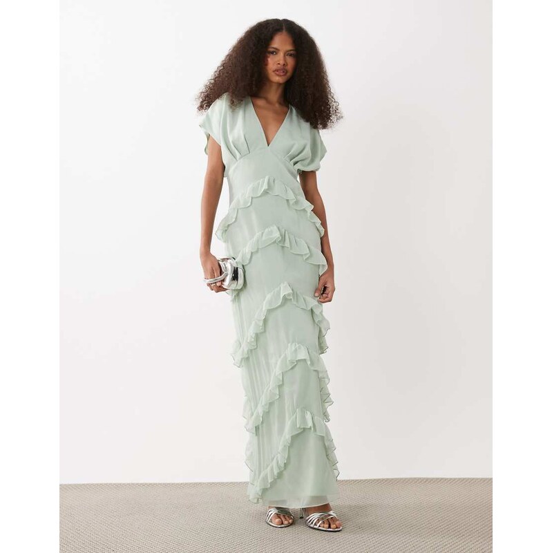 Pretty Lavish chiffon v neck ruffle maxi dress in sage green 115740674