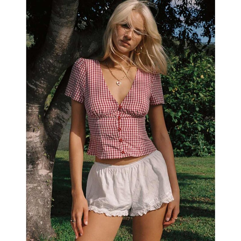 Princess Polly Rhubarb cotton rich frill lace edge micro shorts in 115740700