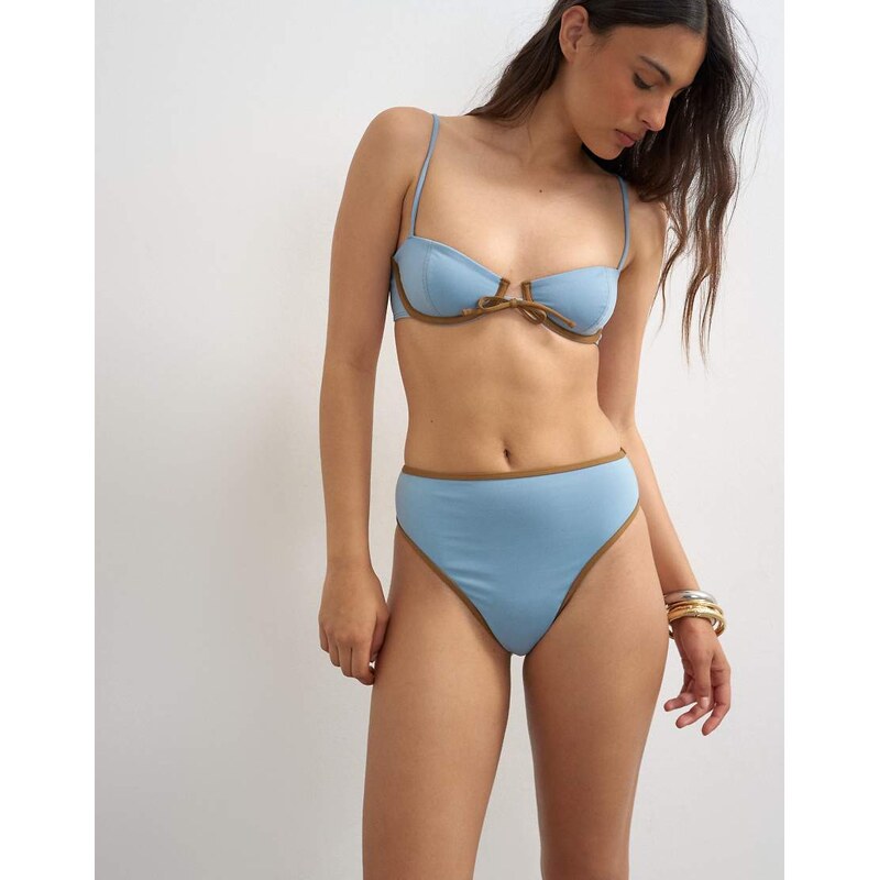 Topshop Ibiza high waisted bikini bottom in dusty blue and camel