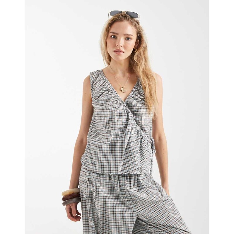 ASOS DESIGN wrap over tie side co-ord top in check-Multi 115740690