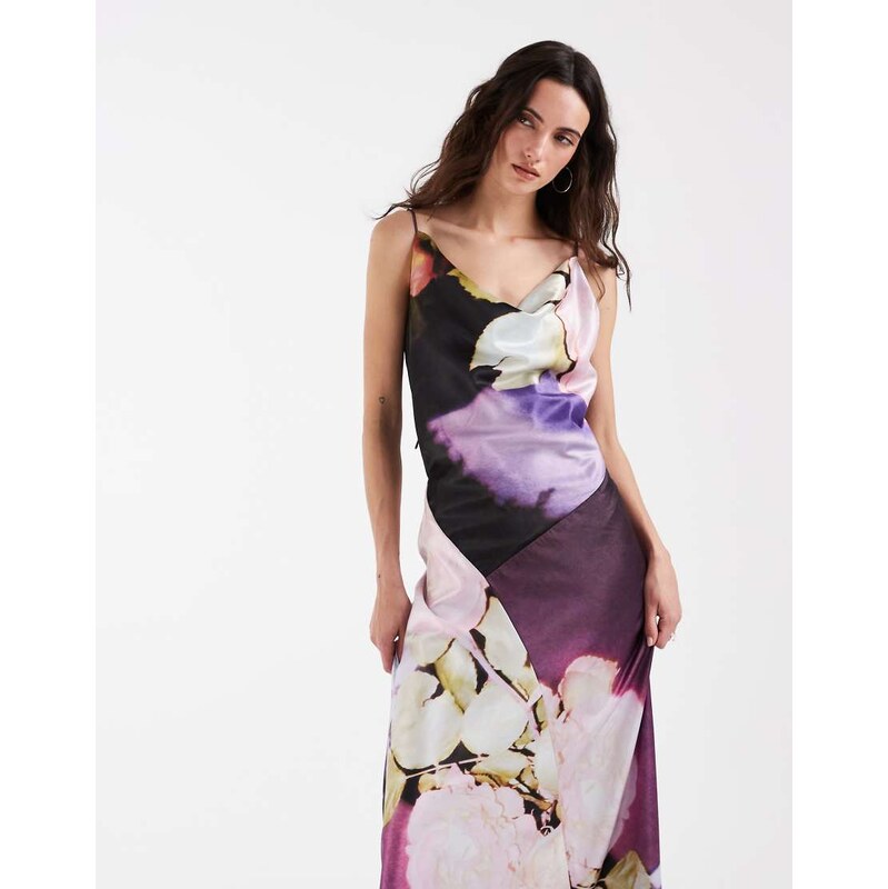 Muse Assembly floral placement cowl neck maxi dress in burgundy