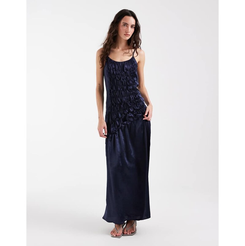 Muse Assembly ruched drop waist crushed satin maxi dress in navy 115740753