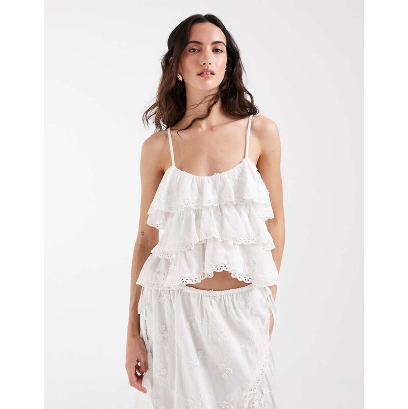 Muse Assembly boho broderie anglaise tiered strap top in white co-ord 115740755