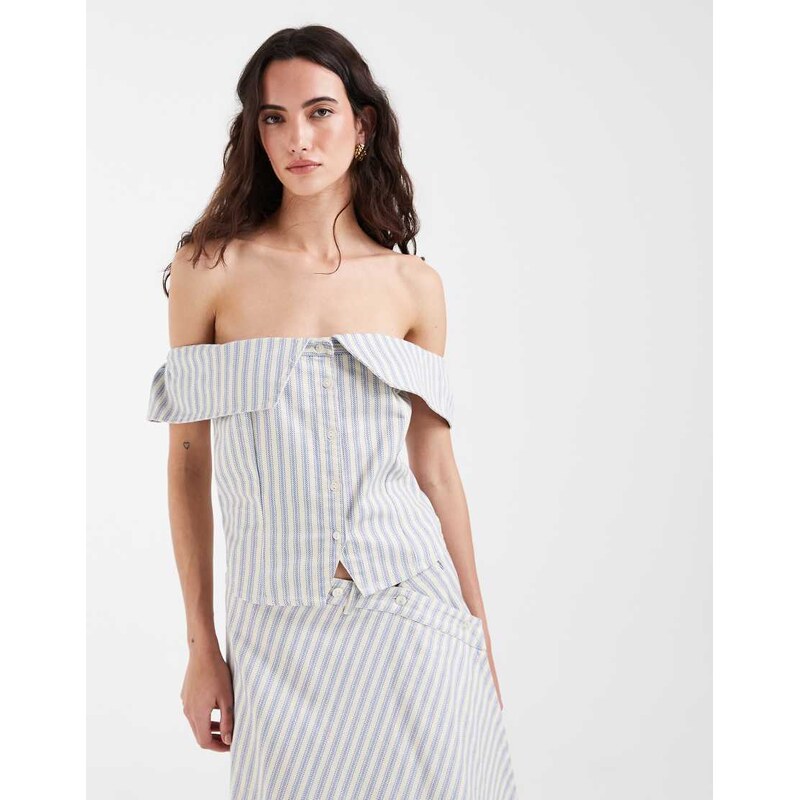 Muse Assembly off shoulder tailored top in ecru stripe co-ord