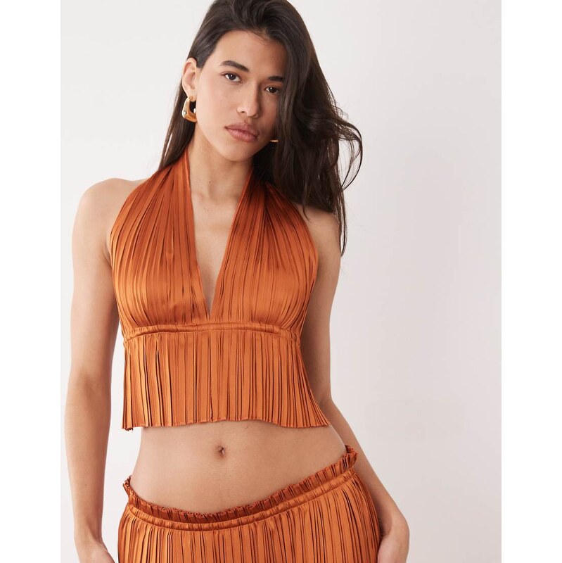 Aria Cove plisse halterneck plunge open tie back top co-ord in