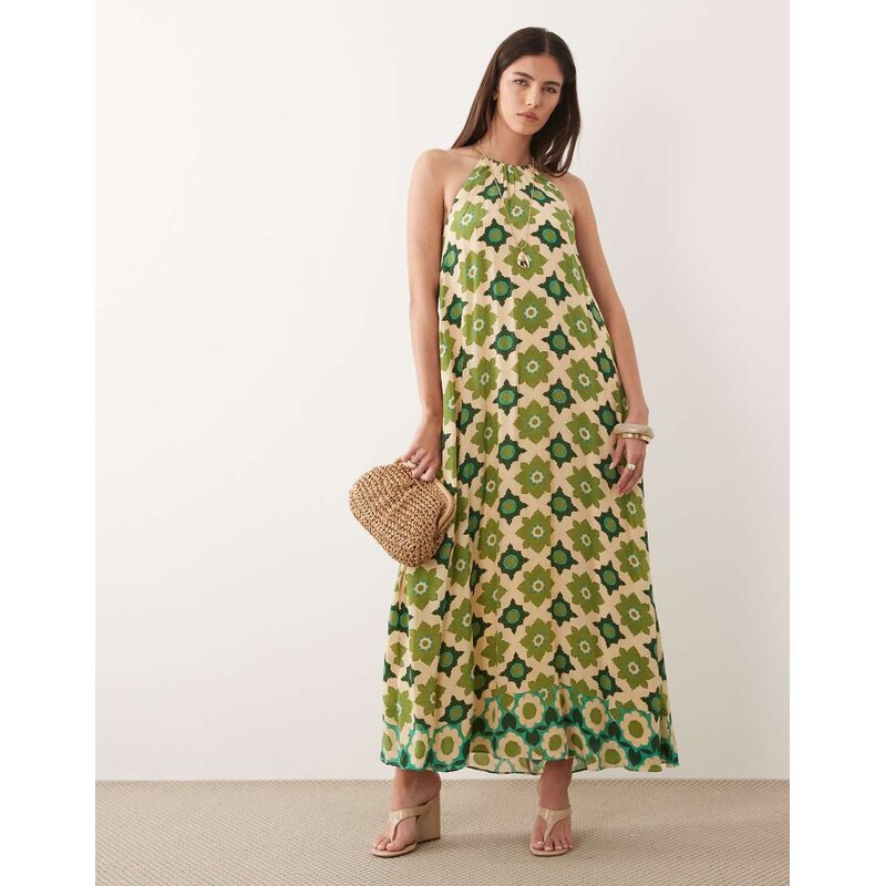 Nobodys Child Sara halter neck a line maxi dress in green floral 115740734