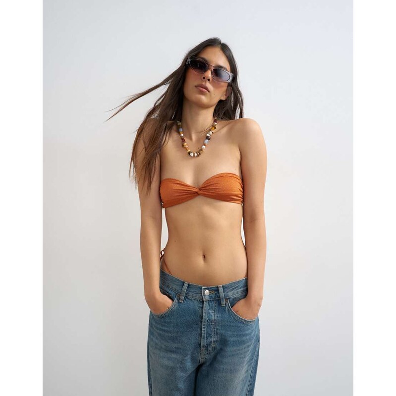 Topshop Hawaii glitter bandeau bikini top in rust-Orange