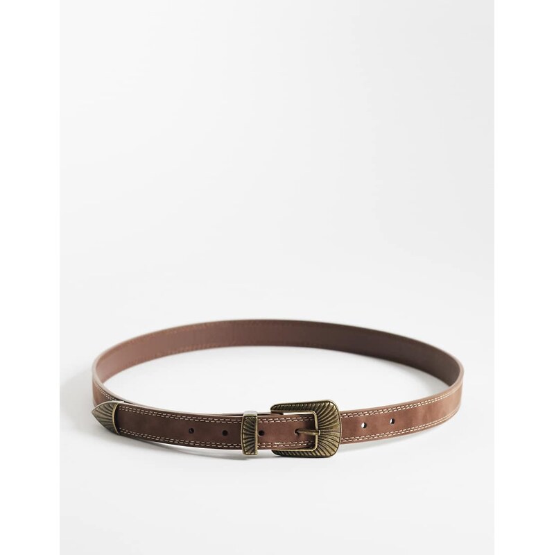ASOS DESIGN double stitch edge faux nubuck belt with antique