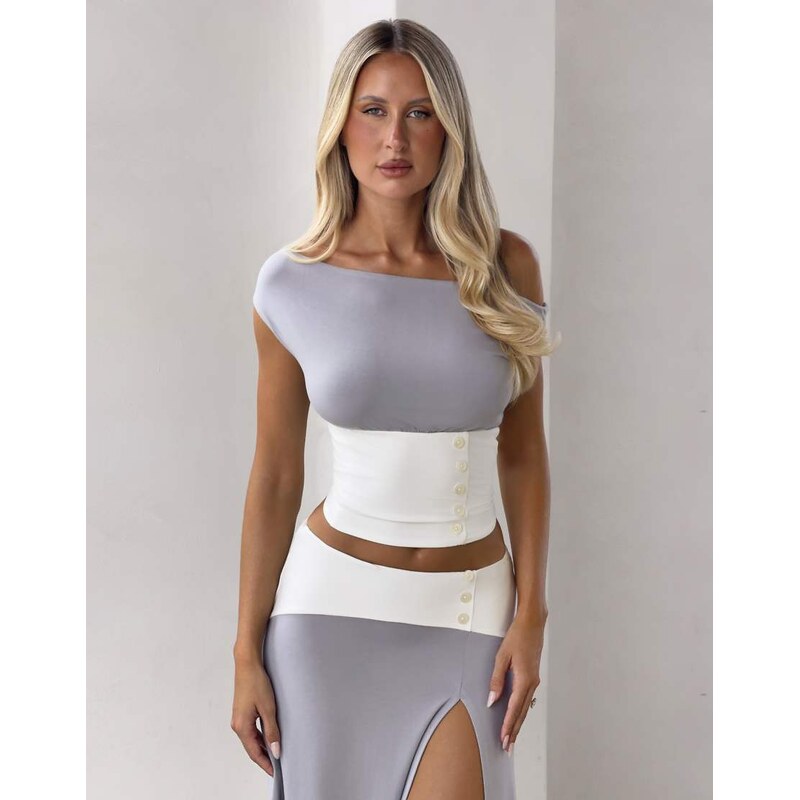 Tiger Mist Alyssa drape off shoulder contrast button detail top co-ord 115011730