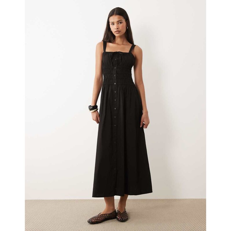 Wednesdays Girl Wednesdays Girl milkmaid button detail dress in black 115740792