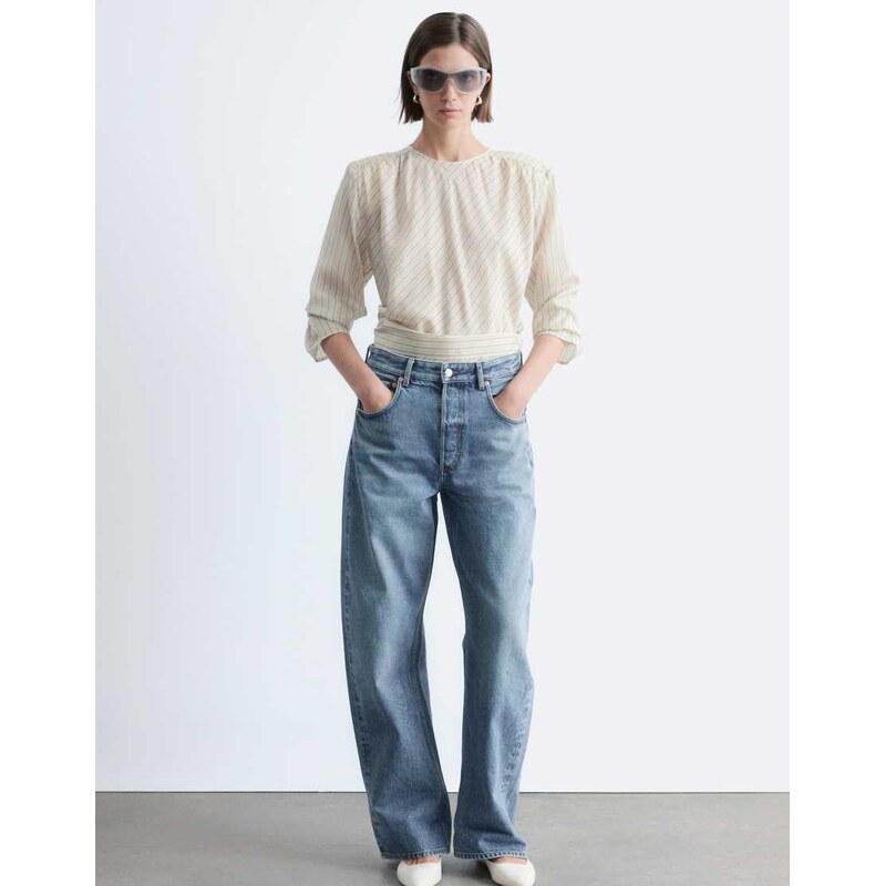 & Other Stories high waist wide leg jeans with turn ups in mid blue 115740900