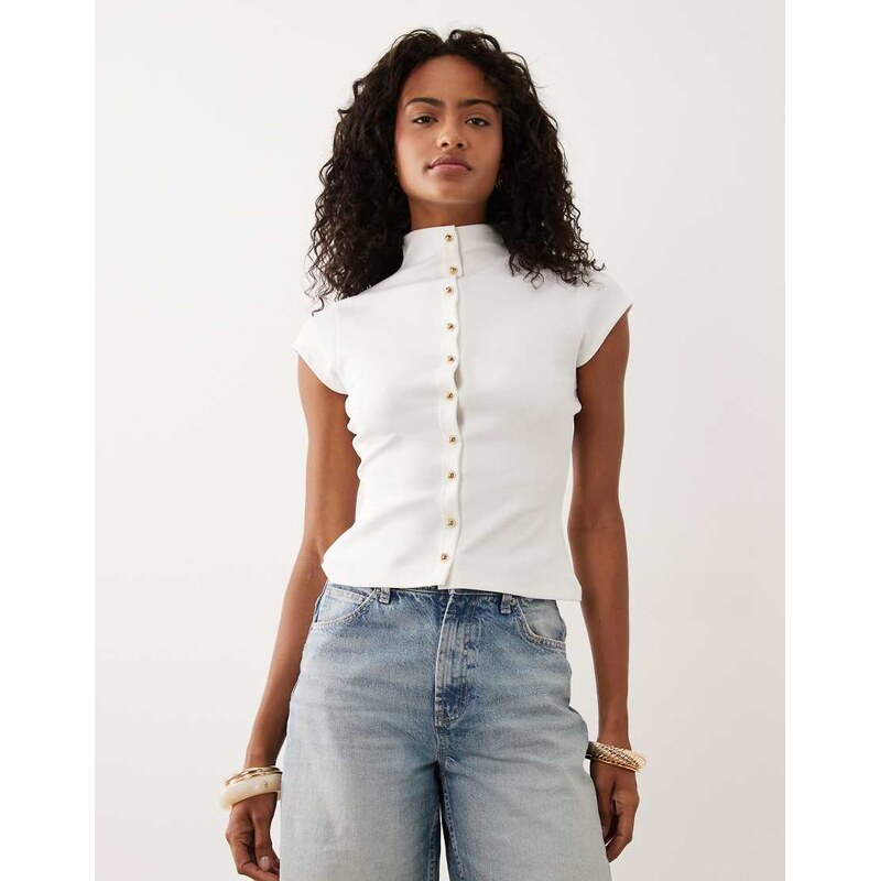 ASOS DESIGN interlock funnel button front top in cream-White