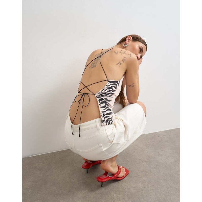 Topshop zebra cami lace up back top in white 115740943