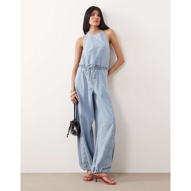 Abercrombie & Fitch high neck balloon leg denim jumpsuit in light blue 115740950