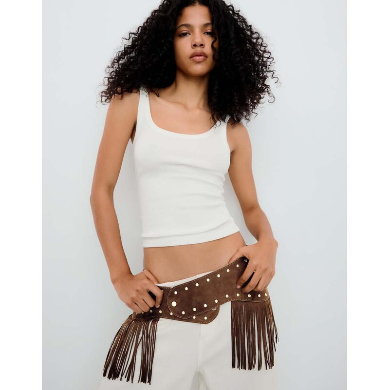 Bershka Faux suede fringed belt in brown 115740957