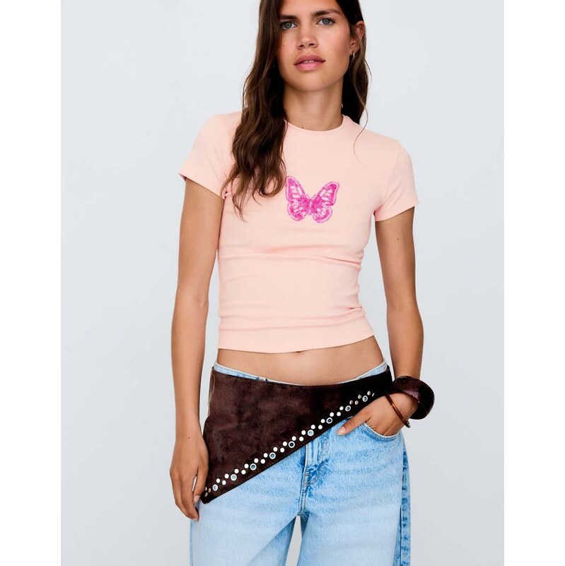 Bershka Asymmetric stud belt in brown 115740966