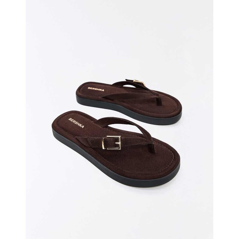 Bershka Flat thong sandals with buckle in brown 115740967