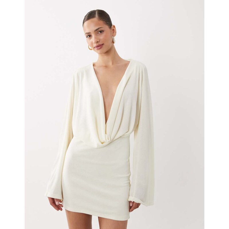 SNDYS premium jersey deep cowl neck flared sleeve mini dress in