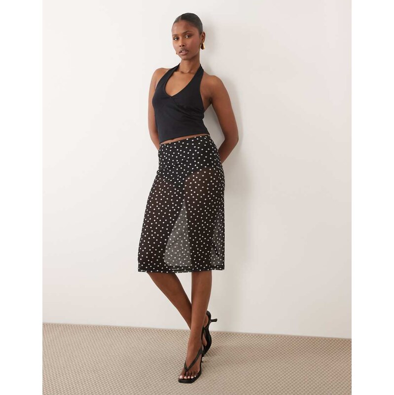 ASOS DESIGN sheer mesh midi skirt in black polka dot-Multi 115744014