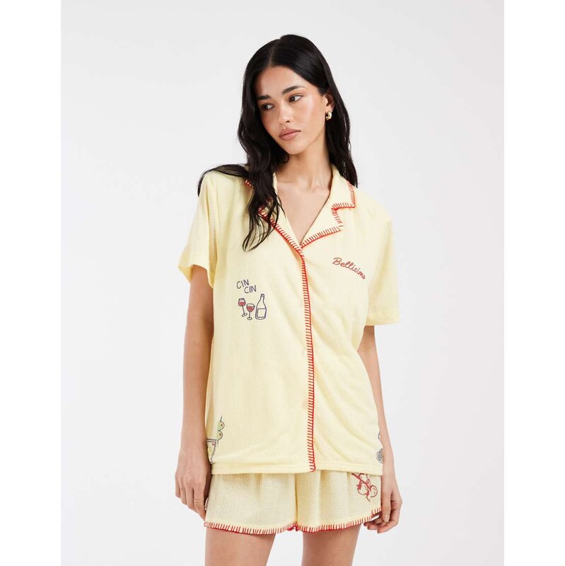 Loungeable Bellisimo woven revere top and short pyjama set in