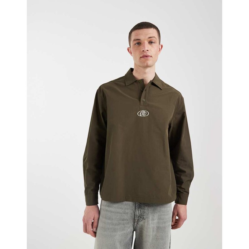 ASOS DESIGN oversized polo shirt with embroidery in khaki-Green