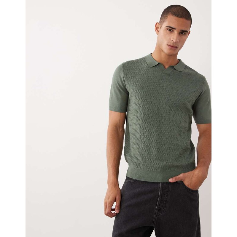 Threadbare knitted short sleeve polo shirt in dark green marl