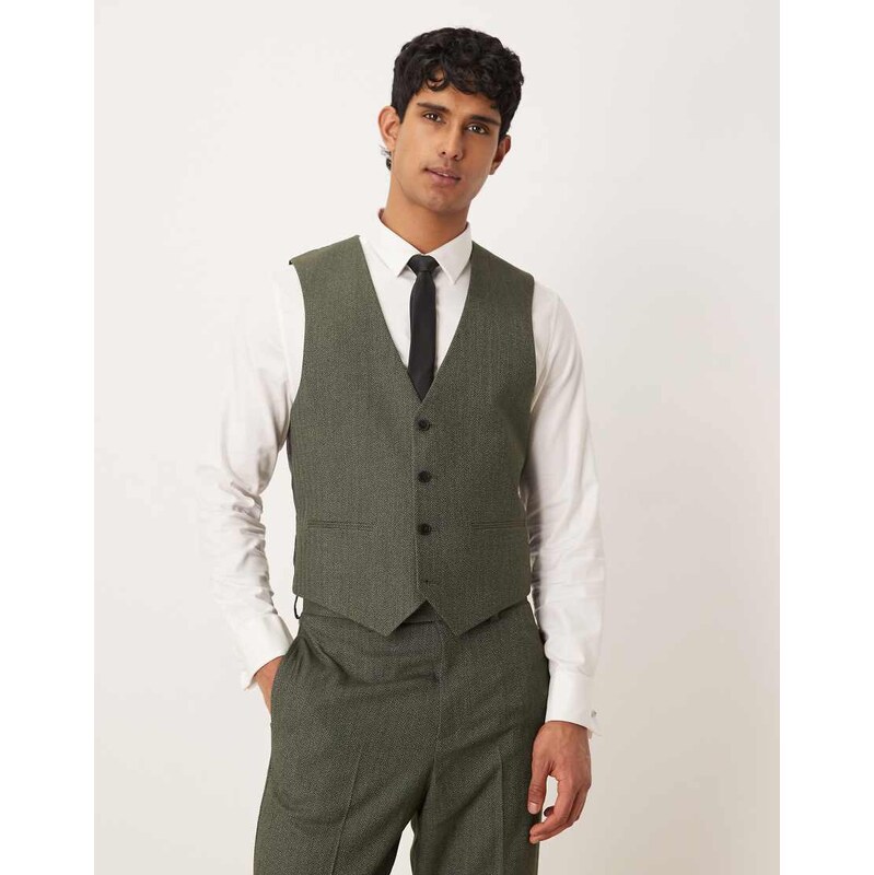 ASOS DESIGN slim suit waistcoat in dark green herringbone