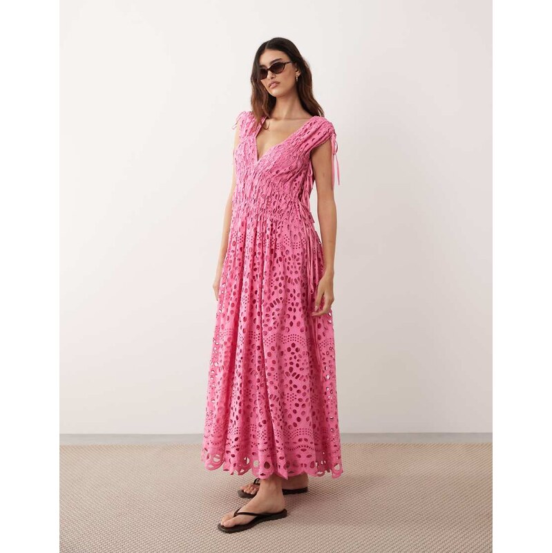 ARRANGE broderie drawstring detail trapeze maxi dress in bright pink 115743844