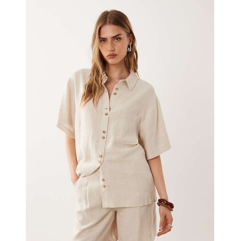 ASOS DESIGN relaxed shirt in linen look in natural-Neutral 115743884