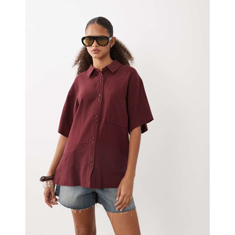 ASOS DESIGN relaxed shirt in linen look in burgundy-Navy 115743886