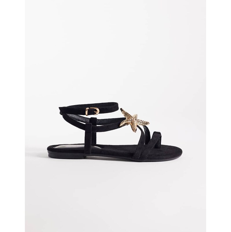 South Beach starfish strappy flat sandals in black faux suede 115743895