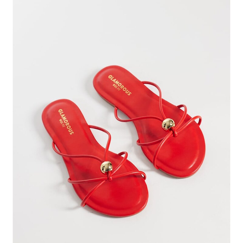 Glamorous Wide Fit flat sandals with gold detail in red 115743901