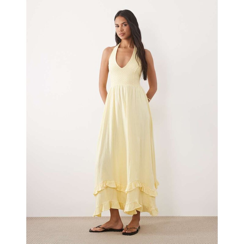 ASOS DESIGN crochet halter tiered midi dress in buttermilk
