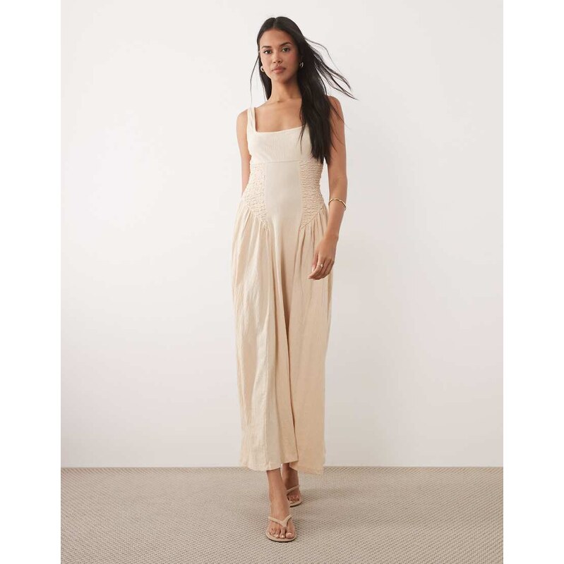 ASOS DESIGN crinkle square neck panel detail midi dress in stone