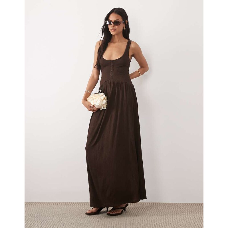 ASOS DESIGN crinkle button through midi dress in chocolate-Brown