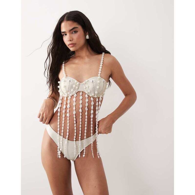 ASOS LUXE embellished pearl fringe bikini top in white 115743927
