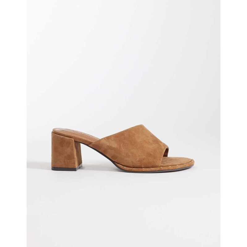 ASOS DESIGN Hammer premium asymmetric mid heeled mules in camel suede 115743936