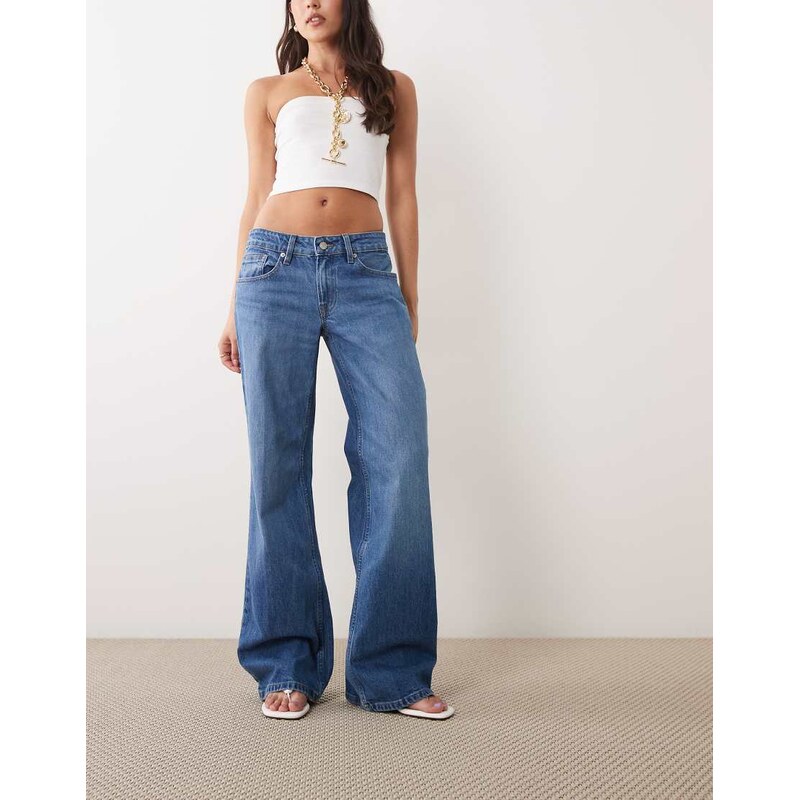Good American good waist low rise loose jeans in mid blue wash 115743940