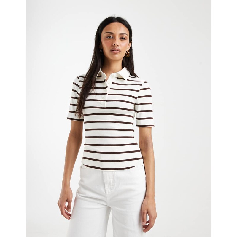 ASOS DESIGN ribbed shrunken polo top in choc & yellow stripe
